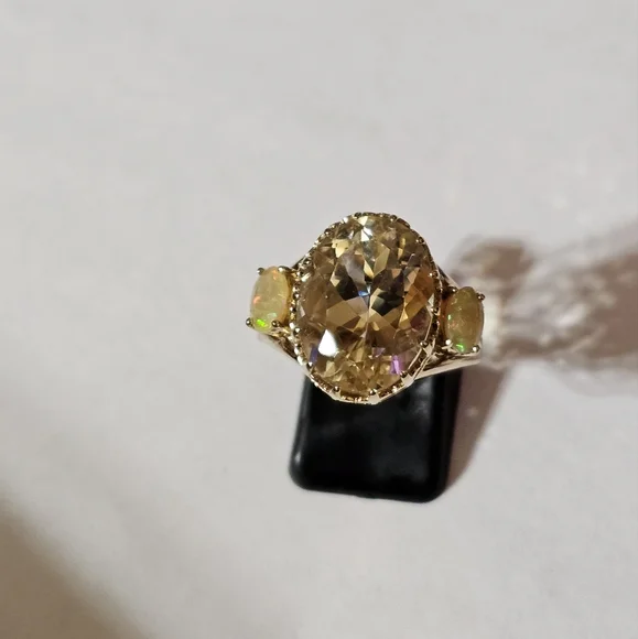 Natural Yellow Laboradite with Opal Accents Sterling Silver Ring Sz 7